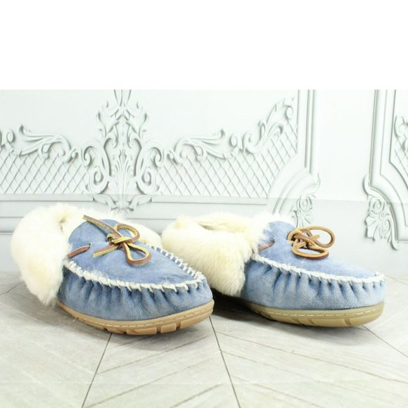 LL Bean Blue Suede Wicked Good Shearling Lined Moccasin Slippers Size 8 M - Picture 3 of 9